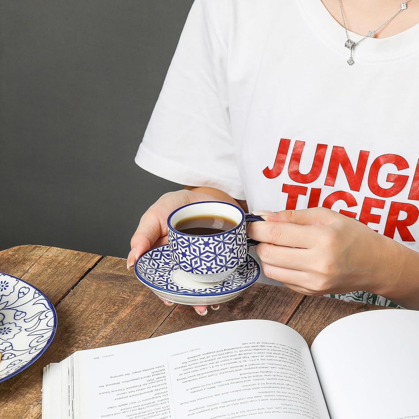 Selamica Ceramic Espresso Cups with Saucers, 2.5 OZ Stackable Demitasse Cups with Metal Stand, Mini Espresso Mugs for Latte Coffee Café Mocha Tea, Set of 6, Vintage Blue