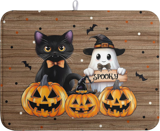 Halloween Spooky Pumpkin Dish Drying Mats Ghost Dish Mat Kitchen Cat Large Drying Matt Dishes Dryer Pad for Kitchen Counter Absorbent Microfiber Washable Foldable Reusable 18x24 in