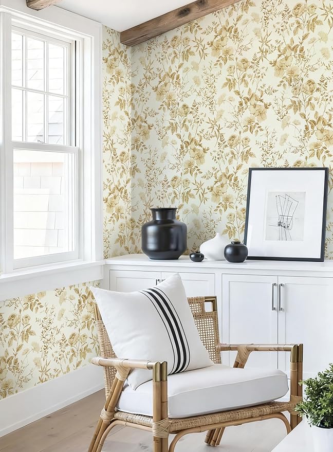 Erfoni 16.9" x394" Yellow Brown Floral Peel and Stick Wallpaper Boho Floral - Image 7