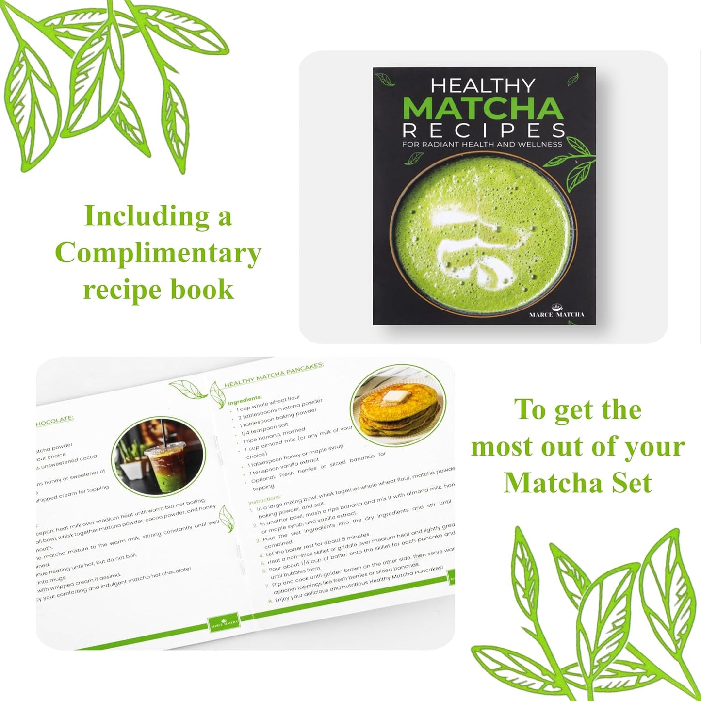 Marce Matcha Whisk Set- Matcha Set includes Matcha Whisk and Bowl (Bowl with Spout), Sifter, Holder and Scoop- The Perfect Bamboo Whisk for Matcha Tea (Molted Green)