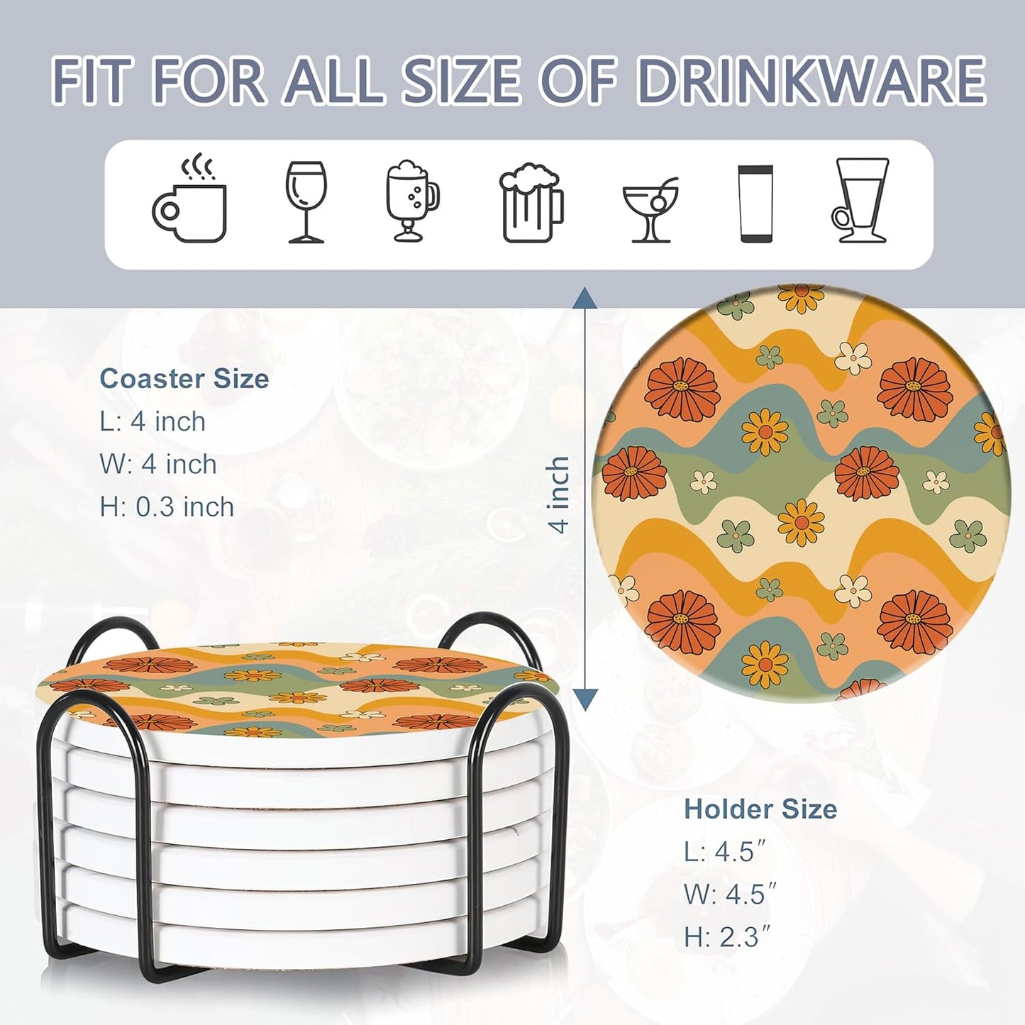 Table Coaster for Drinks Set of 6, Retro 70s Colorful Groovy Round Ceramic Coasters,with Cork Base and Metal Holder,Great Housewarming Birthday Gifts,Home Decor