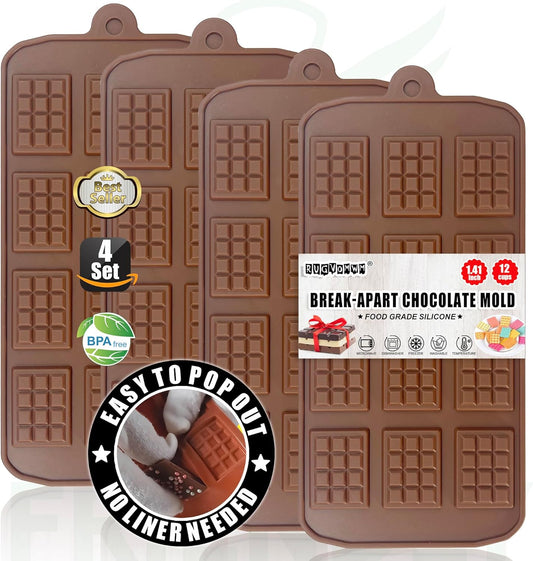 Break-Apart Chocolate Molds, Non-Stick Silicone Chocolate Bar Mold, Food Grade Candy Bar Mold, Perfect for Energy Bar, Cocoa Mini Bar, Basic Bites - 4 Pack