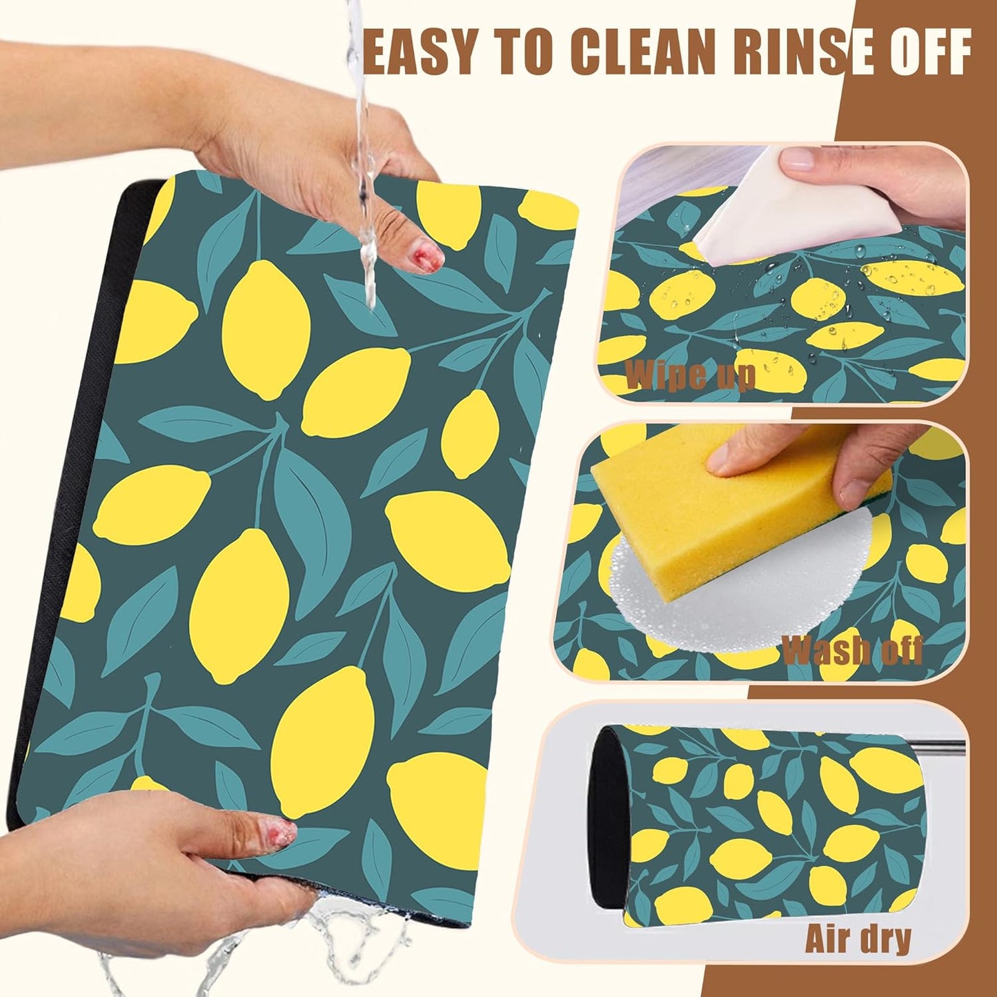 Yellow Lemon and Leaves Coffee Mat Absorbent Dish Drying Mat for Kitchen Counter Hide Stain Rubber Backed Coffee Bar Accessories Fit Under Espresso Machine 15.7 x 23.6 Inch