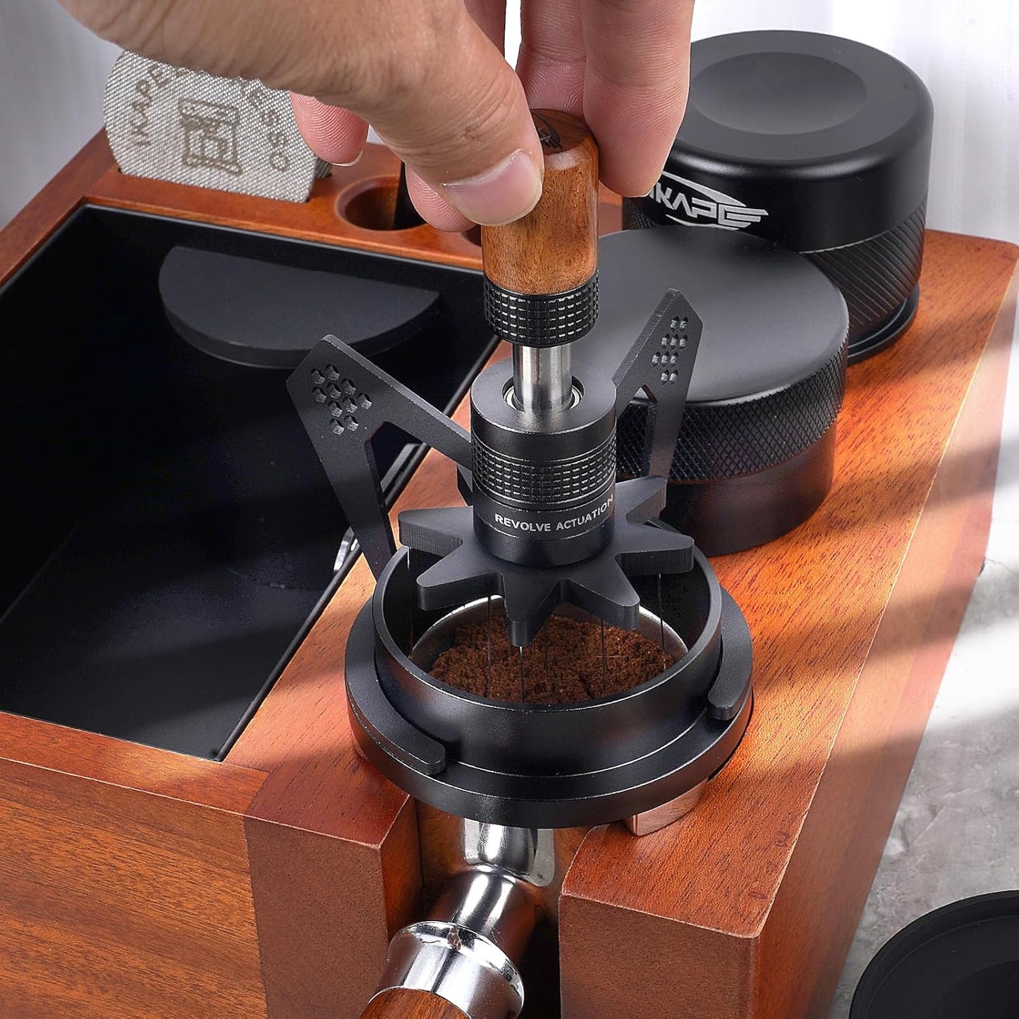 IKAPE Mantis WDT Distribution Tool, V3-51mm Espresso Stirrer Distribution Tool for Barista - 8 Needle Espresso Stirrer with Dosing Funnel & Stand, Adjustable Needle Height, Walnut Handle