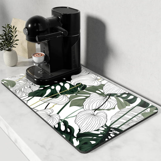 Rnivvi Coffee Mat, 12" x 19" Cute Coffee Bar Mats for Espresso Machine Station Accessories and Organizer, Hide Stain Rubber Backed Absorbent Dish Drying Pad for Kitchen Counter, Tropical Leaves