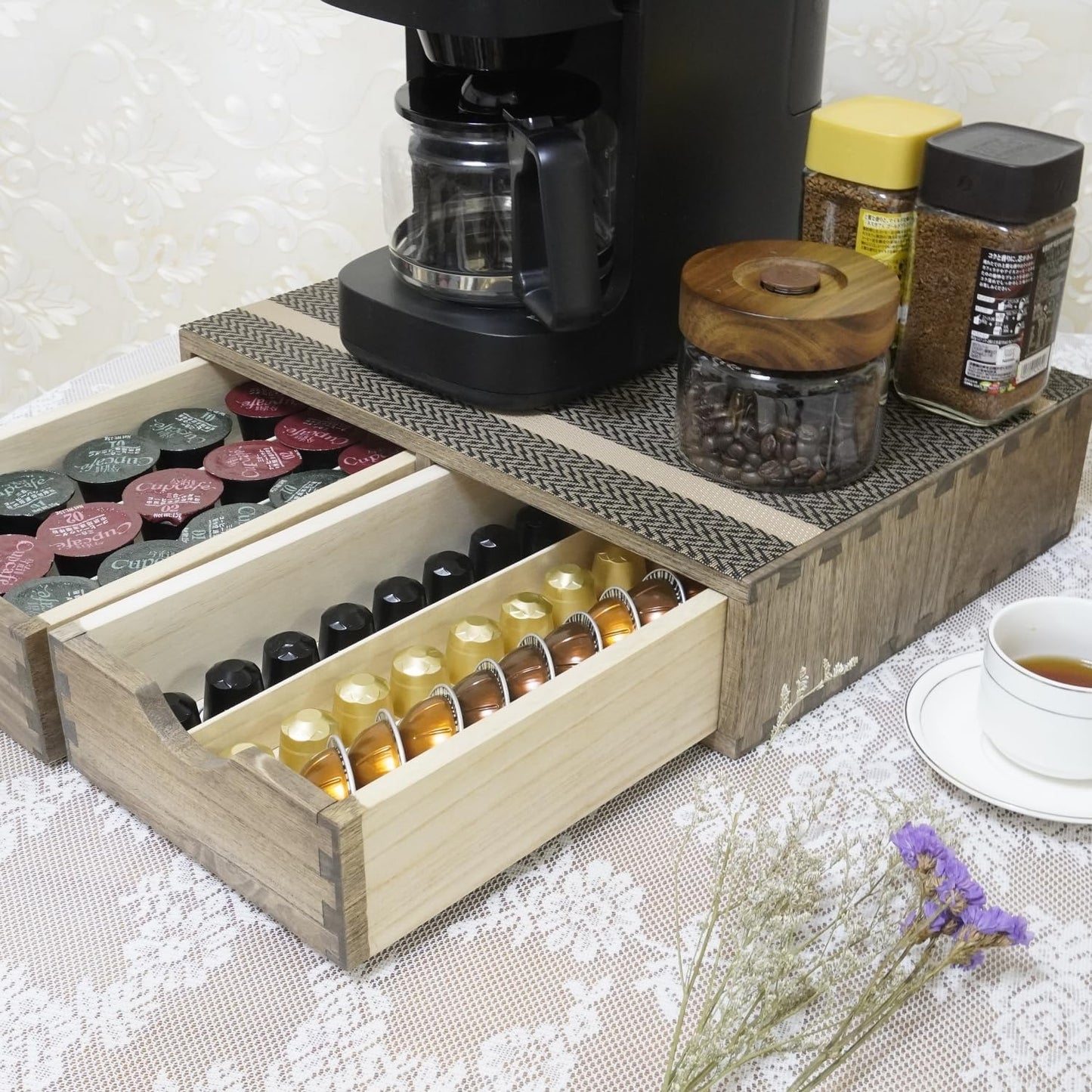Coffee Pods Storage Drawer Holder for Capsules - Multi Functional Desk Organizer Drawers For K cups Coffee Maker Brew - Kitchen Mini Wooden Box Chest Sideboard Counter Organization CF1D2C Dark