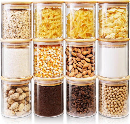 Glass Jars with Bamboo Lids 17 FL OZ [Set of 12], Glass Canisters with Airtight Lids, Glass Food Storage Containers for Spice, Coffee, Sugar, Tea, Candies, Cookies,Best for Kitchen & Pantry