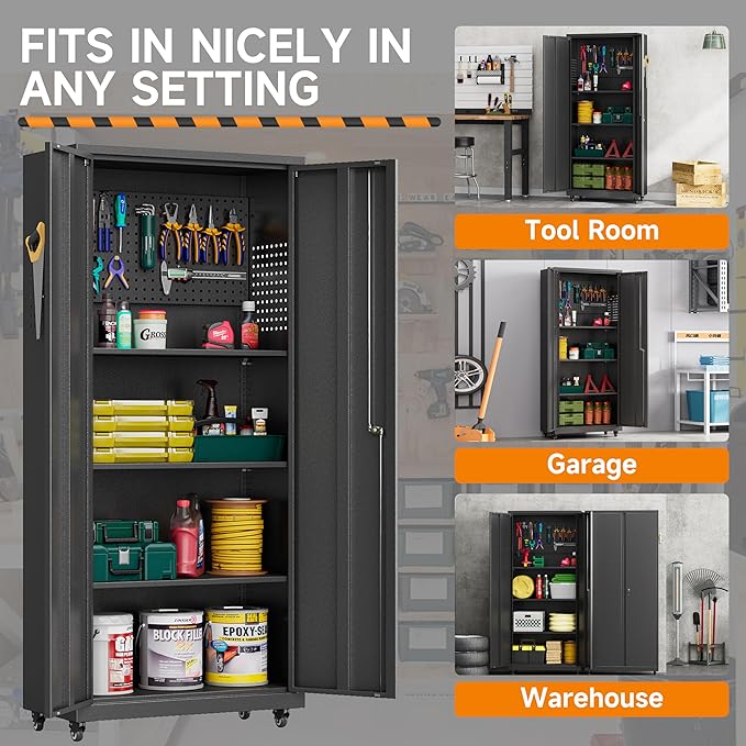 Garage Storage Cabinet with Wheels, Metal Storage Cabinet with 2 Doors and - Image 8
