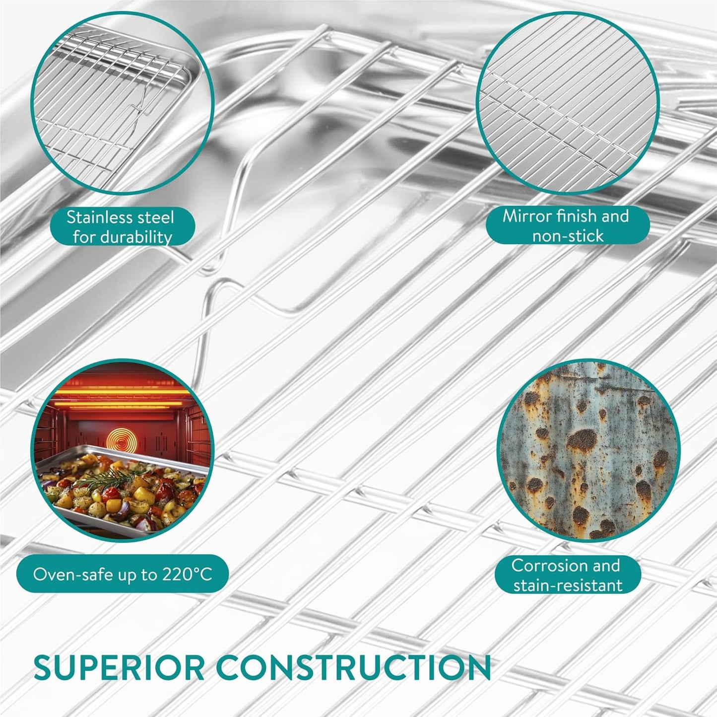 Navaris Half Sheet Baking Pan Breading Trays w Racks - Stainless Steel Baking Sheet with Wire Rack Insert for Oven Cooking - Cookie Bacon Tray - Set of 4 15.7x11.8 (40x30cm)