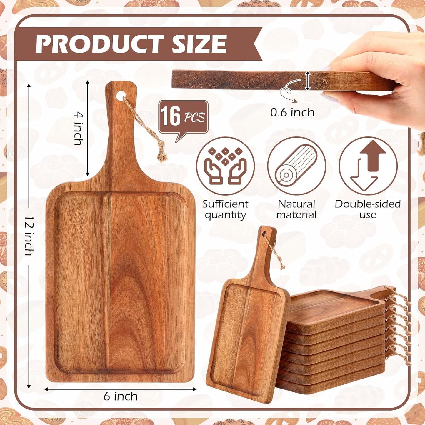 Tanlade 16 Pcs Acacia Wood Cutting Board with Handle Chopping Boards Decorative Charcuterie Platter Pizza Bread Cheese Fruit Serving Tray for Kitchen Counter Table Christmas Decorate(12 x 6 Inch)