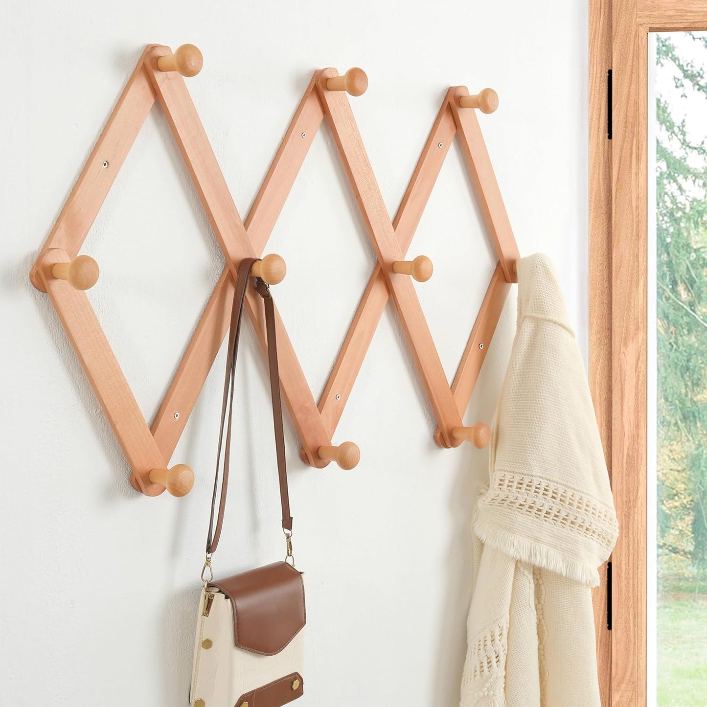 Dseap Expandable Coat Rack (Larger Version) - 24” High, Anti-Slip, Ultra Heavy Duty Wooden Accordian Wall Hanger with 10 Study Peg Hooks for Clothing Hats Jackets Bags, Natural