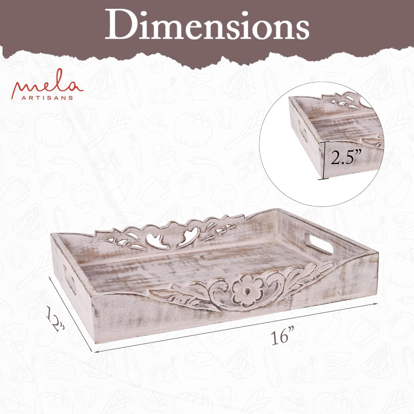 Mela Artisans Distressed White Wooden Decorative Tray with Handles | 16x12x2.5 Mango Wood Ottoman Tray | for Kitchen Countertop | Coffee Table | Snacks | Desserts | Breads | Bedroom Decor