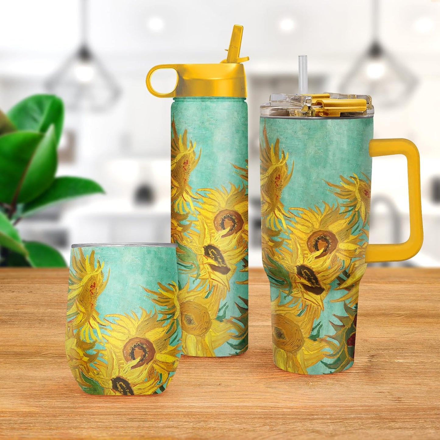 RainCaper 18/8 Stainless Steel Insulated Water Tumbler with Straw | 30oz, BPA-Free, Double Wall for Hot & Cold | Travel-Friendly, Cup Holder Ready (van Gogh Sunflowers)