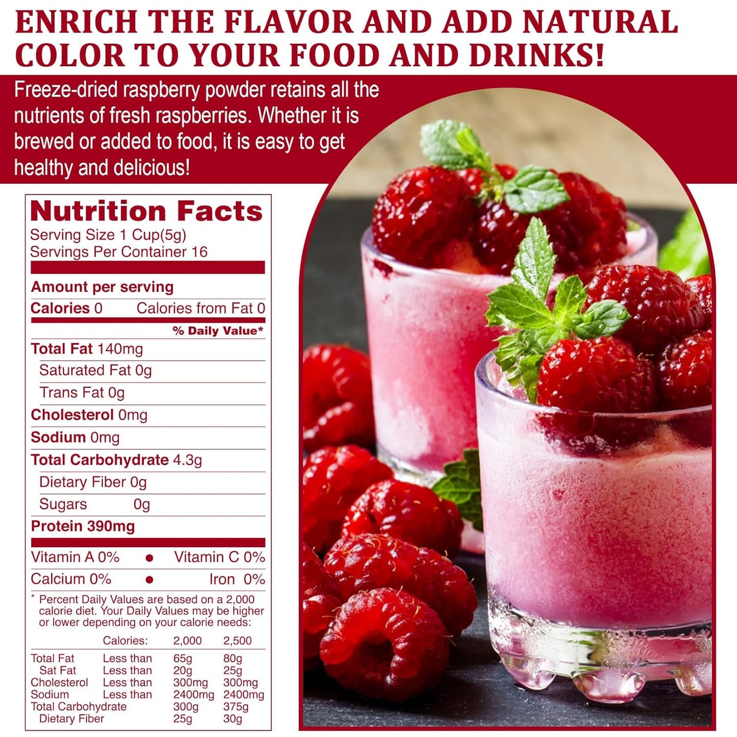 Raspberry Powder - 100% Natural Freeze Dried Raspberry Powder, No Additive Natural Food Coloring, Ideal for Baking, Smoothies, Beverages, Yogurt Bowls, Non-GMO, Vegan - 3oz