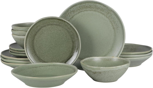 Gibson Elite Island Cove 16 Piece (Service for 4) Plates and Bowls Reactive Glaze Organic Round Dishes Stoneware Ceramic Dinnerware Set -Green