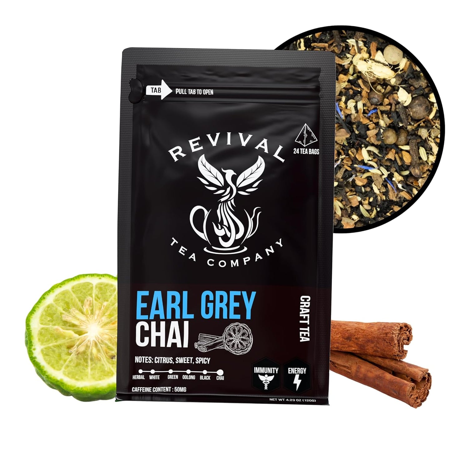 Revival Tea Company Earl Grey Chai Tea - Black Tea Blend with Fresh Spiced Chai and Bergamot Flavor - Loose Leaf 8 Ounces