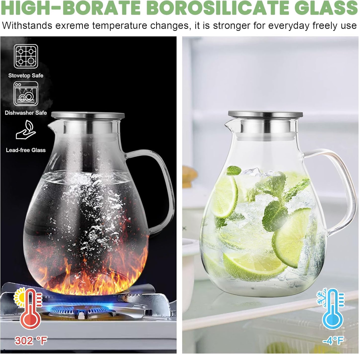 SUSTEAS 2.2 Liter 75oz Glass Pitcher, Water Pitcher with Lid And Wide Handle, Easy Clean Juice Jug for Fridge, Beverage Carafe for Cold/Hot Water, Iced Tea, 1 Long-Handled Brush Included