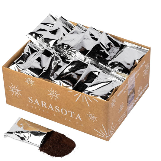 Sarasota Coffee Ground Packets | Gourmet Flavored Medium Roast Bulk Coffee Packs | Christmas Holiday | Low Acid Mold Free Singles Individual Pouches for 12 Cup Coffee Maker | 2 Ounce Bags, 36 Count