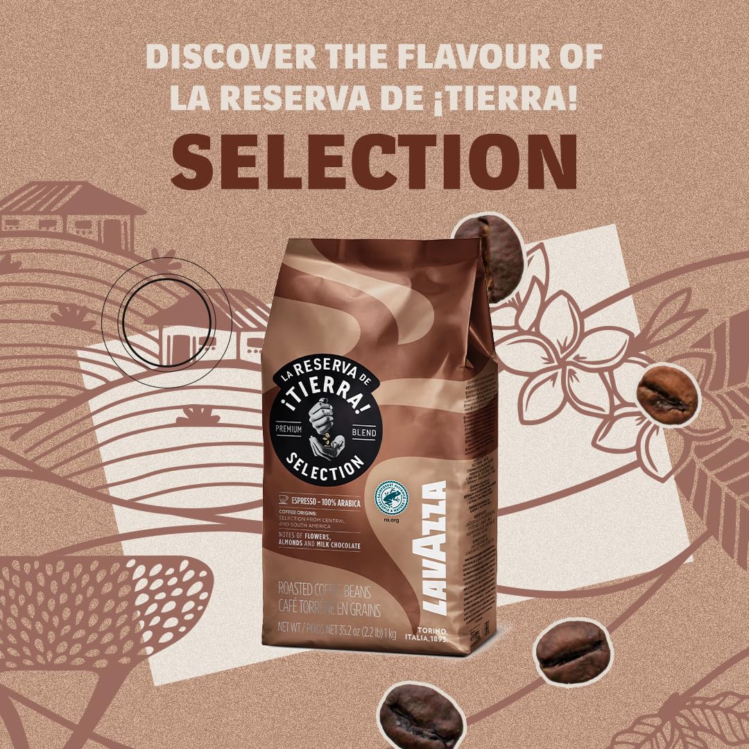 Lavazza Tierra! Selection Whole Bean Coffee Blend, Medium Roast, 2.2LB Bag , 100% Arabica, Rainforest Alliance Certified, sustainably grow