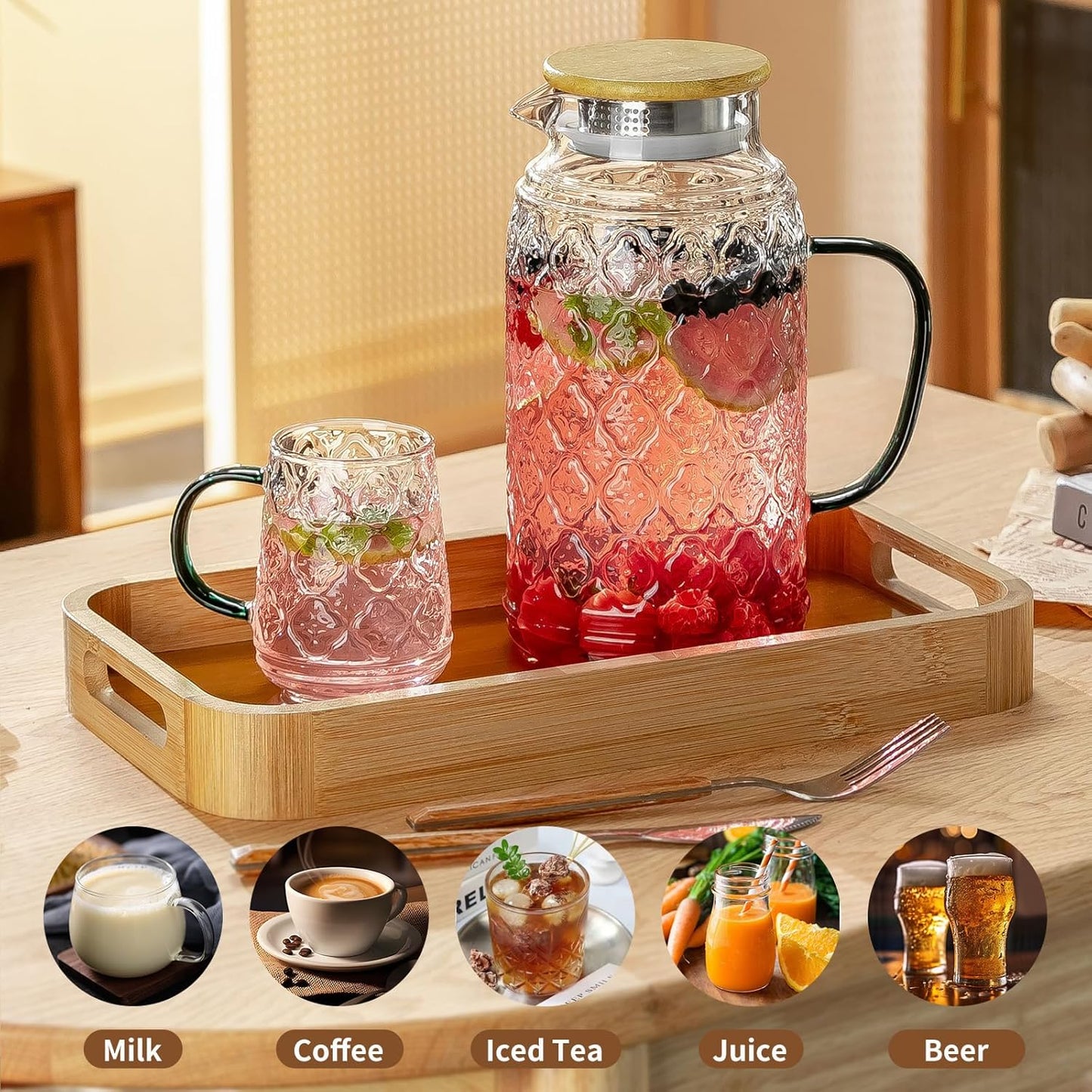 Glass Pitcher with Lid, 2 PACK 68 oz/2 Liter Vintage Water Pitcher With Serving Tray, Clear Borosilicate Glass Water Carafe for Cold Brew, Coffee, Lemonade, Iced Sun Tea,Beverage, Heat Resistant