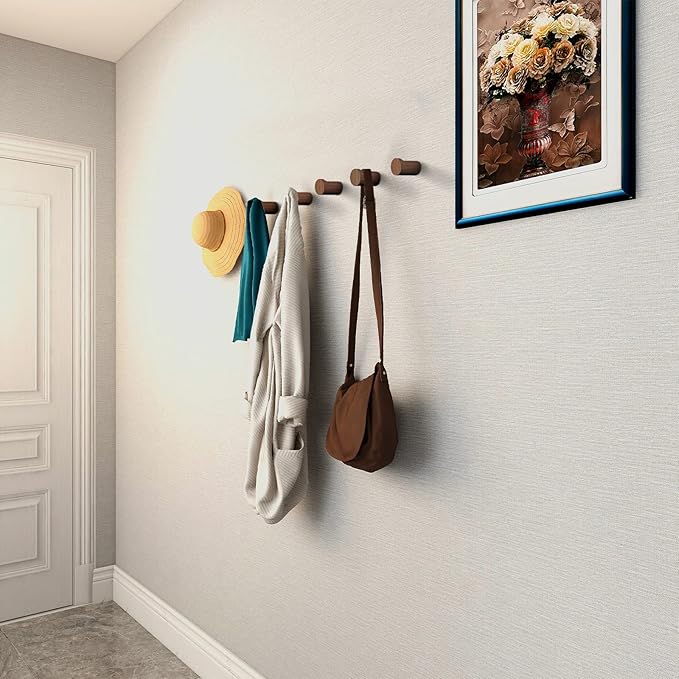 bsdonte Wood Wall Hooks 6 Pack, Natural Wooden Coat Hooks Wall Mounted - Image 2