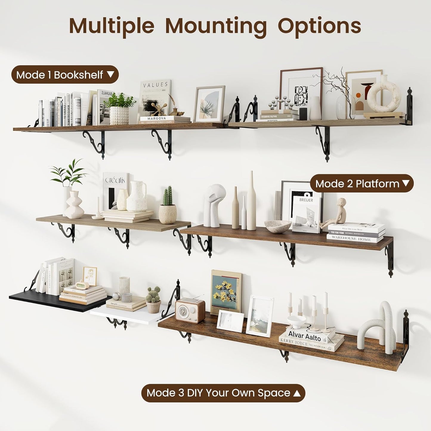 RICHFOCUS 12 Inch Deep Floating Shelves for Wall, 55" W x 12" D Wood Wall Shelves Set of 2, Wide Floating Shelves for Living Room, Bedroom, Kitchen, Bathroom and Decor Storage, Grey