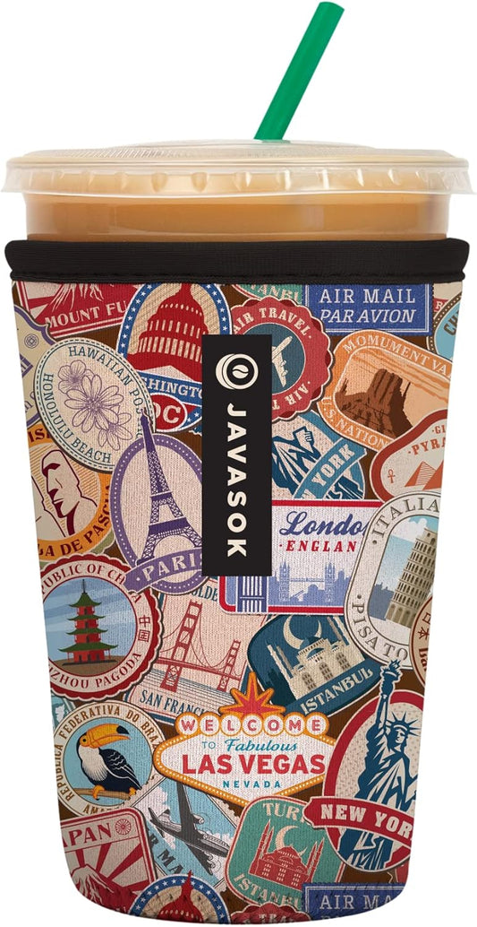 Sok It JavaSok Iced Coffee & Cold Soda Insulated Neoprene Cup Sleeve (World Traveler, Medium: 22-28oz)