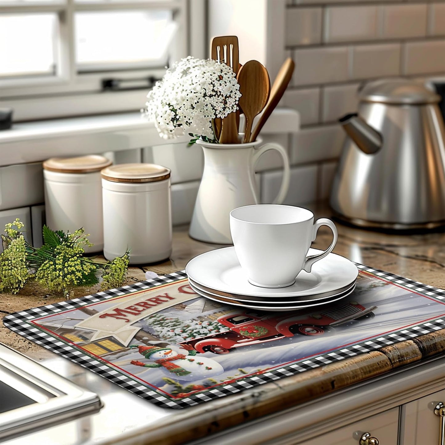 Merry Christmas Dish Drying Mat for Kitchen Winter Snowman Large Dish Drying Mat Buffalo Plaid Kitchen Drying Mat Truck Tree Microfiber Drying Mats Absorbent Dish Pad 18x24 inch