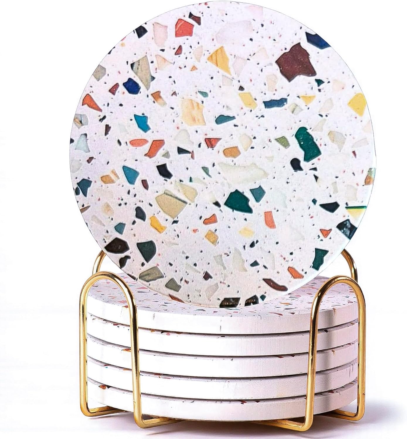 Terrazzo Drink Absorbent Coasters with Holder Set of 6, Ceramic Coaster for Drinks, Coffee Table Decor, Water Absorbing Stone Coaster for Drinks (Mosaic)