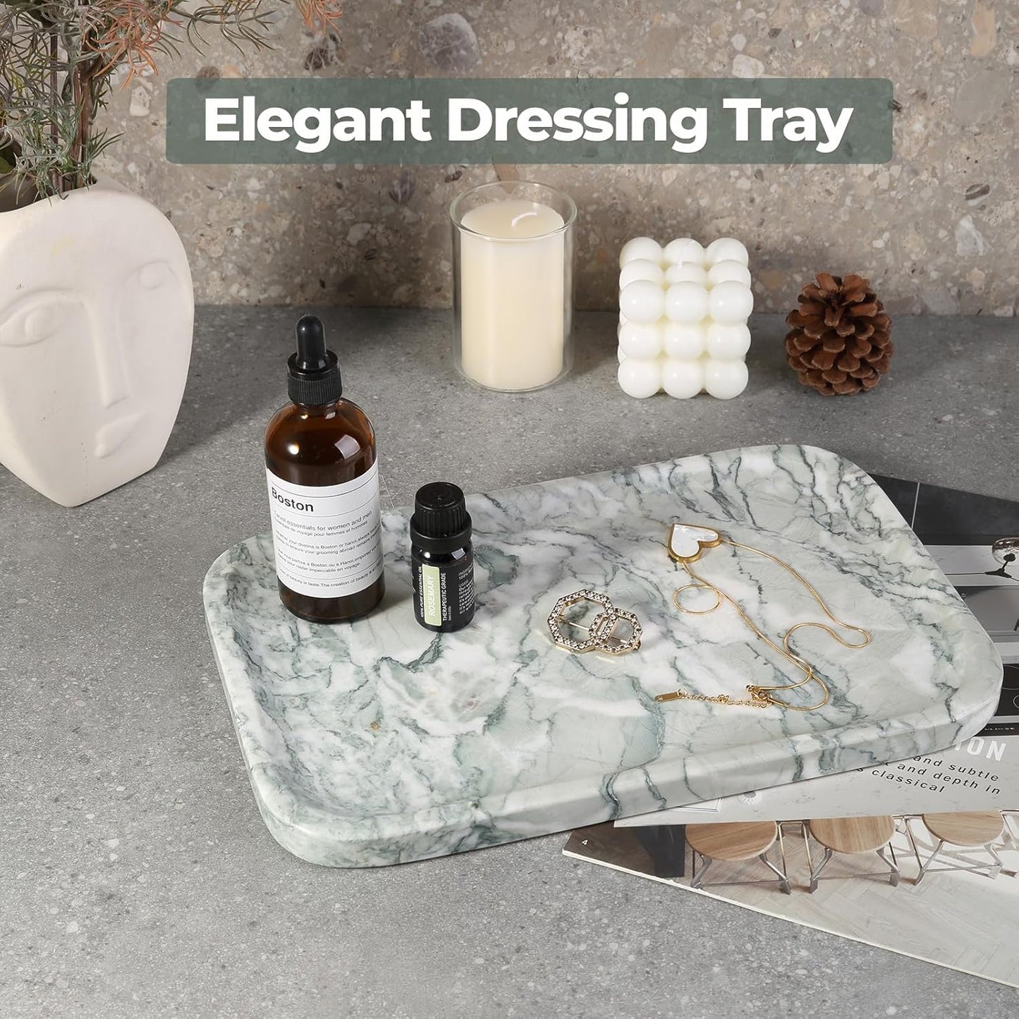 Vanity Tray, Marble Bathroom Tray Countertop, Decorative Dresser Organizer, Green Stone for Perfume Jewelry Holder Storage for Kitchen Sink(Light Green)