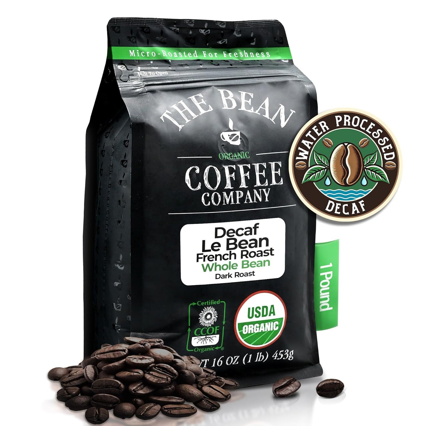 The Bean Organic Coffee Company Water Processed DECAF Le Bean, Dark French Roast, Whole Bean Coffee, 16-Ounce Bag