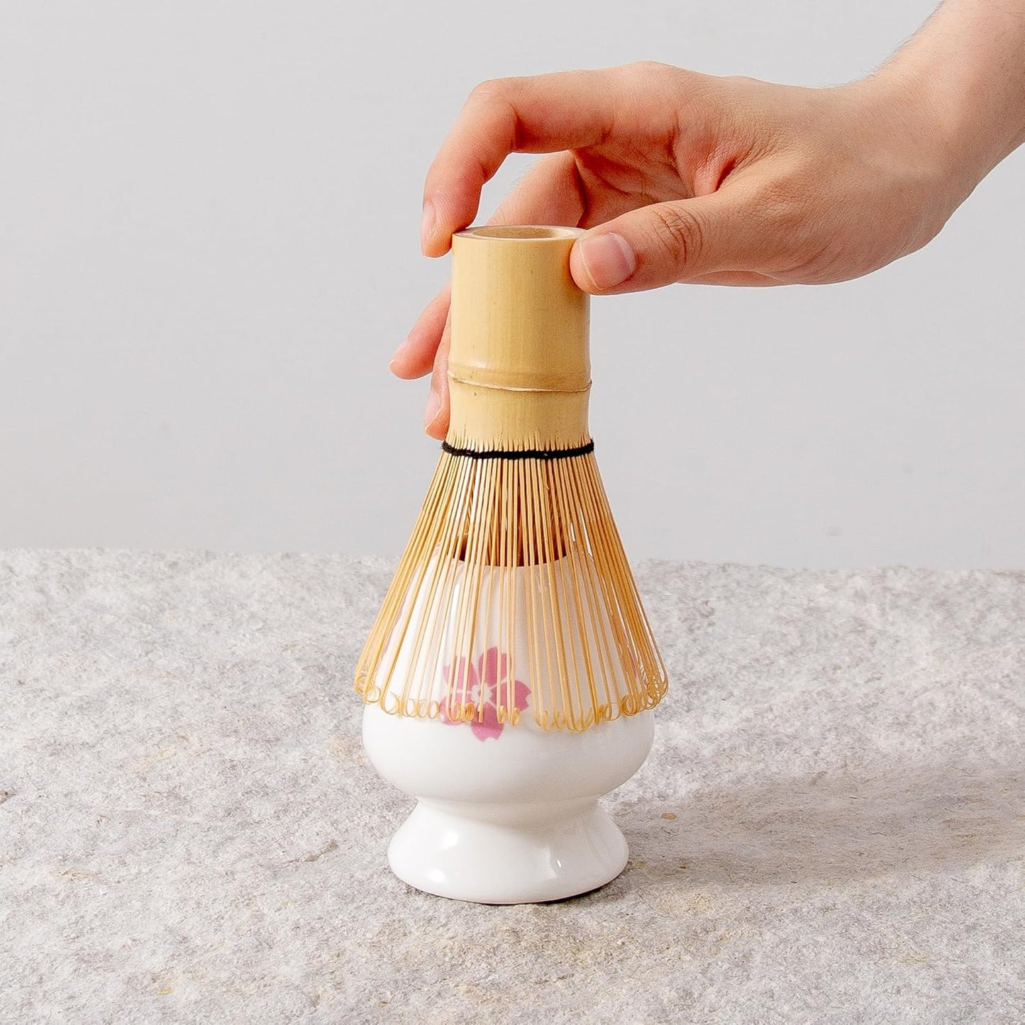 2pcs Matcha Bowl with Whisk Holder, Ceramic Cherry Blossom Matcha Bowl with Spout, 16.5OZ Porcelain Bowl with Measurement Marks,Tea Mixing Bowl with Whisk Stand, Matcha Gift (sakura)