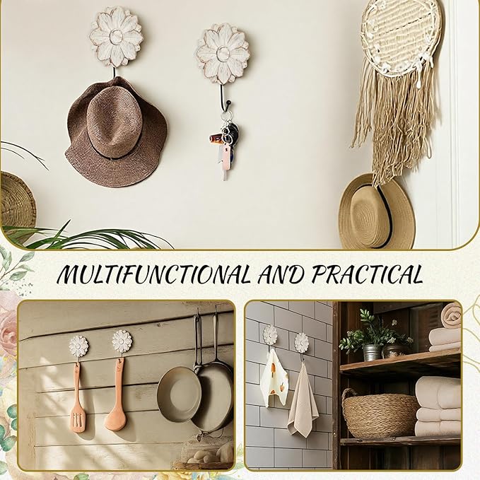 Weysat 4 Pcs Vintage Hooks for Wall Wood Farmhouse Towel Hooks Shabby Chic Wall - Image 4