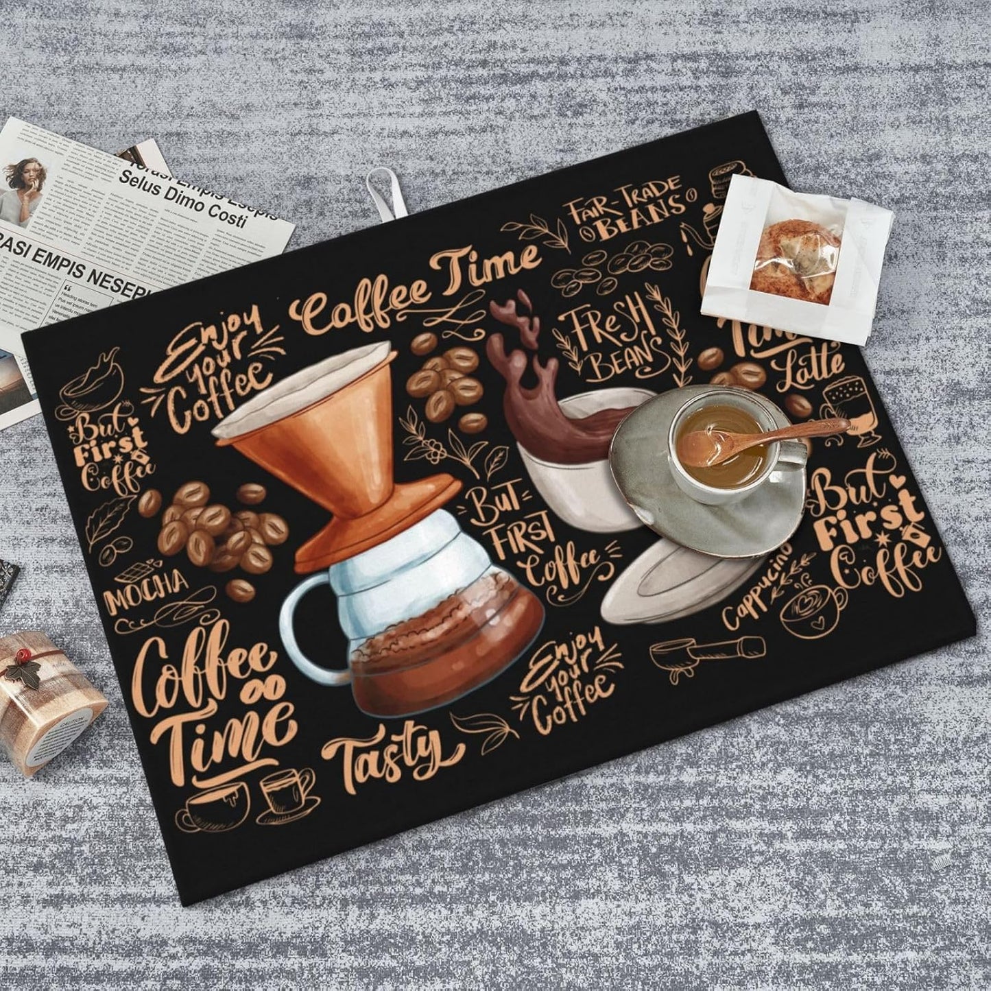 Fun Coffee Dish Drying Mat, Highly Absorbent Microfiber Kitchen Counter Pad Reusable Washable, 18*24"