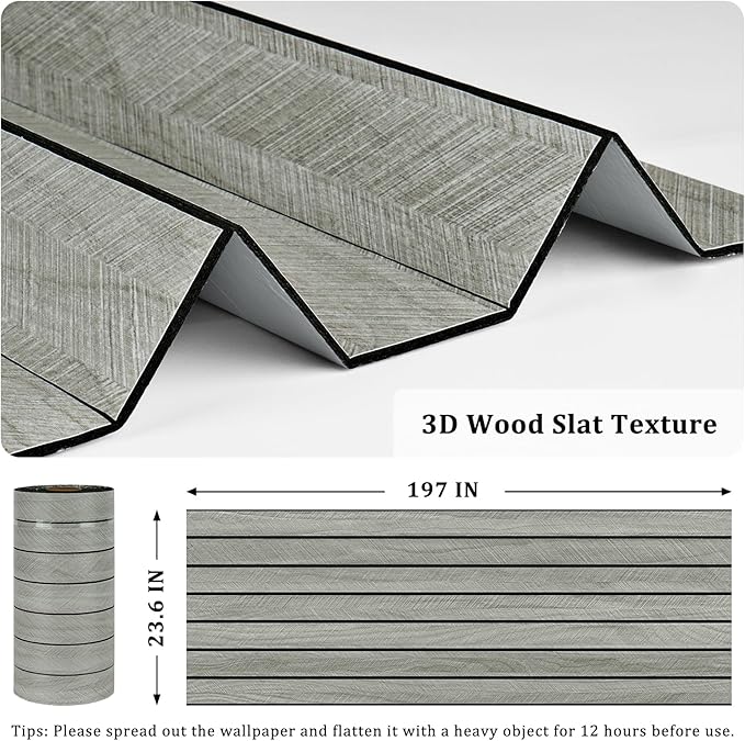 Grey Wood Grain Slat Panels for Interior Wall Decor 197"x23.6" Peel and Stick - Image 6