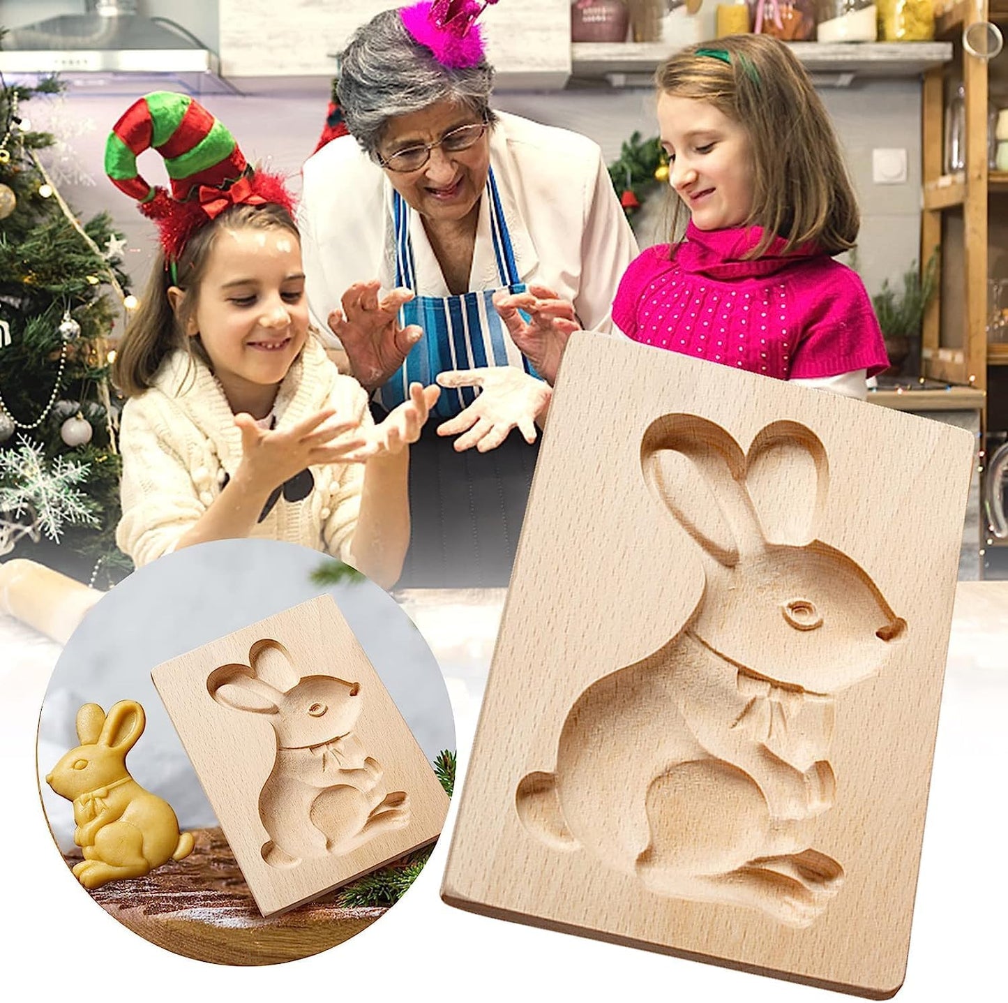 Wooden Cookie Biscuit Mold, 3D Baking Mold, Embossing Craft Decorating Baking Tool, Suitable for Halloween Thanksgiving Christmas Kitchen DIY (Stand Rabbit)