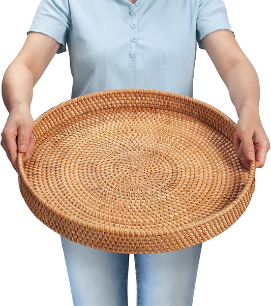 Rattan Large Serving Tray, Wicker Round Fruit/Bread Serving Basket, Extra Large Decorative Ottoman Tray for Living Room, Coffee Table, Breakfast, 16.9 inch