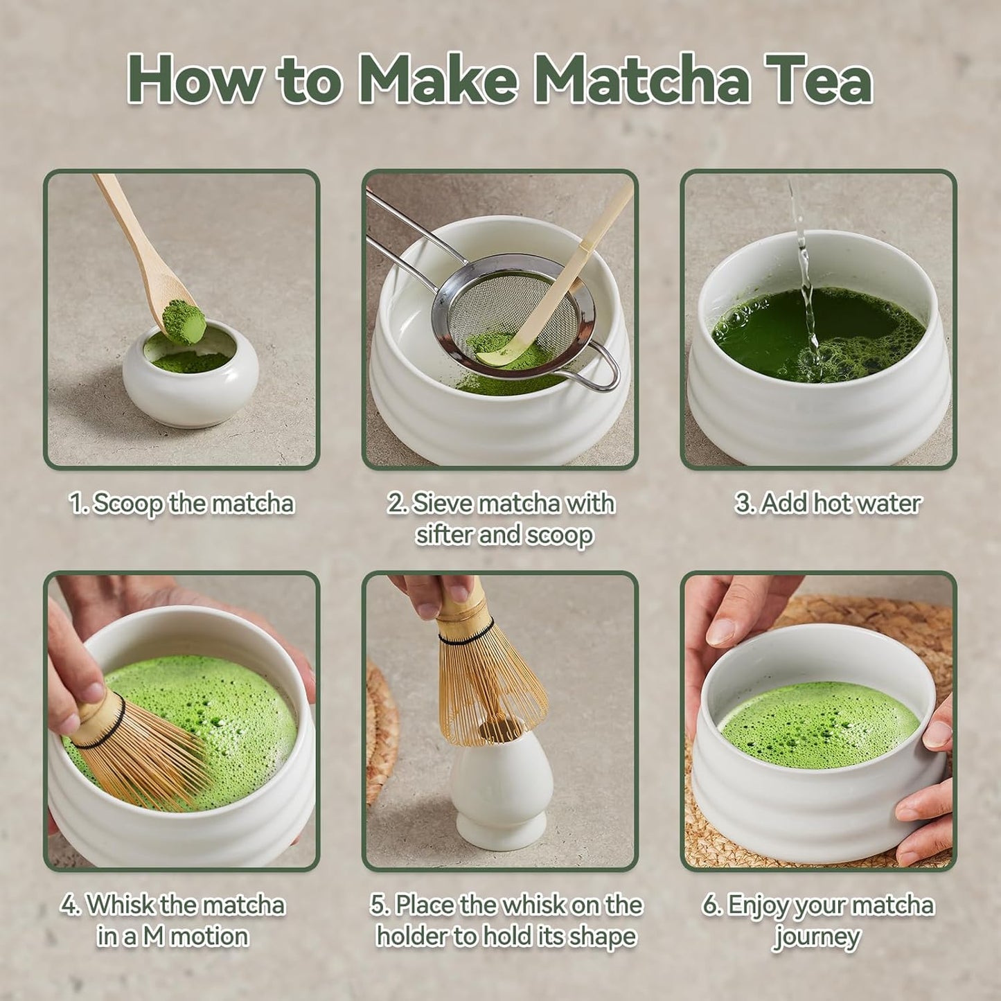 Japanese matcha set, matcha whisk and bowl, matcha sieve, matcha whisk holder, and matcha spoon - 8pcs Matcha Set (white)