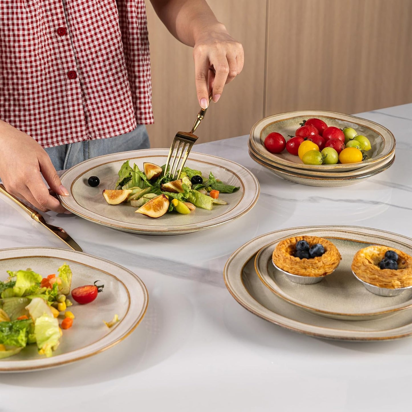 AmorArc Ceramic Dinnerware Sets,Stoneware Handmade Reactive Glaze Plates and Bowls Sets,Chip and Crack Resistant | Dishwasher & Microwave Safe,Dishes Set Service for 6 (18 pc)