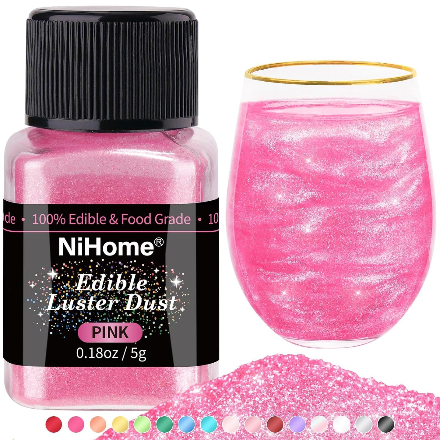 NiHome Edible Food-Grade Glimmer Powder Glitter Luster Dust Metallic Food Decorating Sprinkle Glimmery Dust for Drink Wine Beverage Cake Candy Dessert Bakery Restaurant Vegan (0.18oz/5g, Pink)