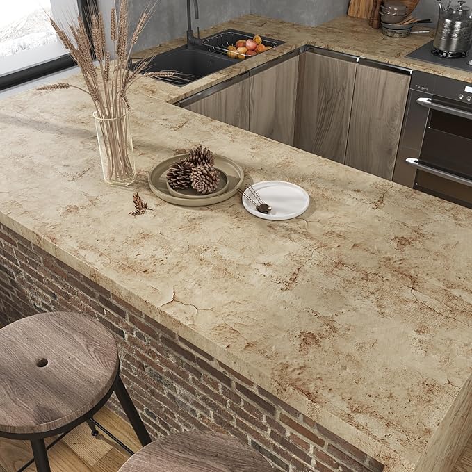 VEELIKE Aged Tan Concrete Wallpaper Peel and Stick Distressed Beige Limewash - Image 5