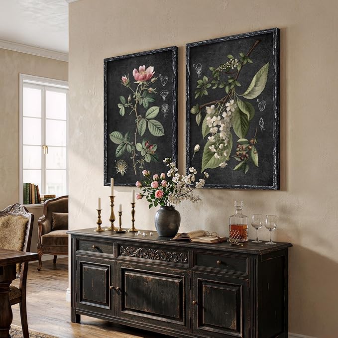 Large Framed Vintage Botanical Wall Art Set of 2, Rustic Retro Dark Floral - Image 4