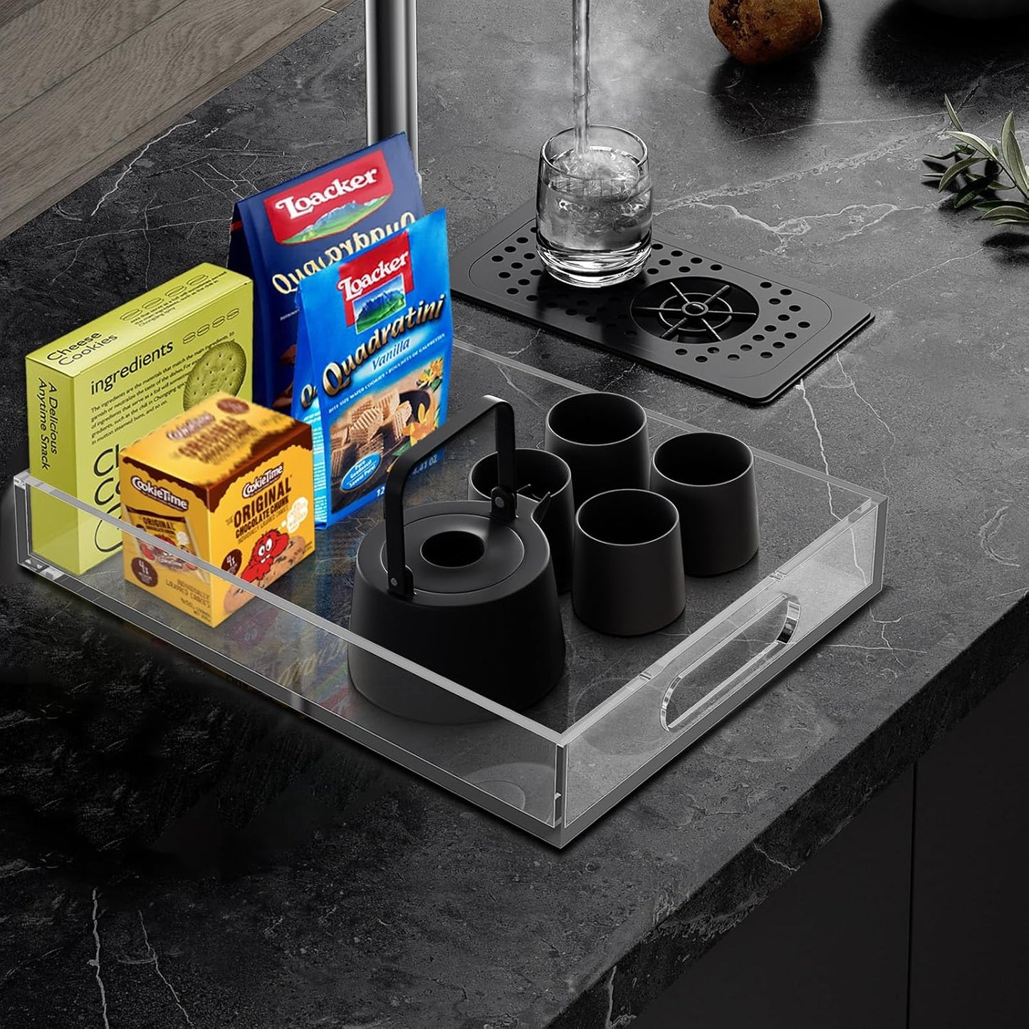 Acrylic Organizers Tray - 11.2"x7.9" with Handle for Ottoman, Coffee Table, Kitchen, Bathroom & Living Room