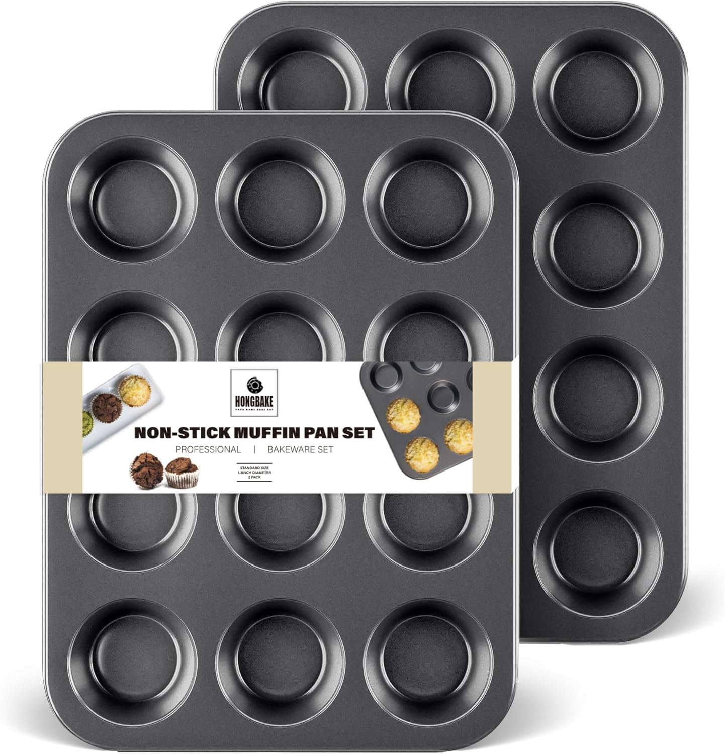 HONGBAKE Muffin Pan for Baking, Nonstick Cupcake Tin 12 Cup, 2 Pack Cup Cake Tray, Premium Cheesecake Pans, Dishwasher Safe - Dark Grey