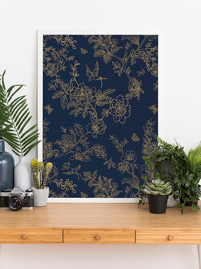 Froluya Dark Blue and Gold Vintage Floral Peel and Stick Wallpaper 17.7"x196.8" - Image 8