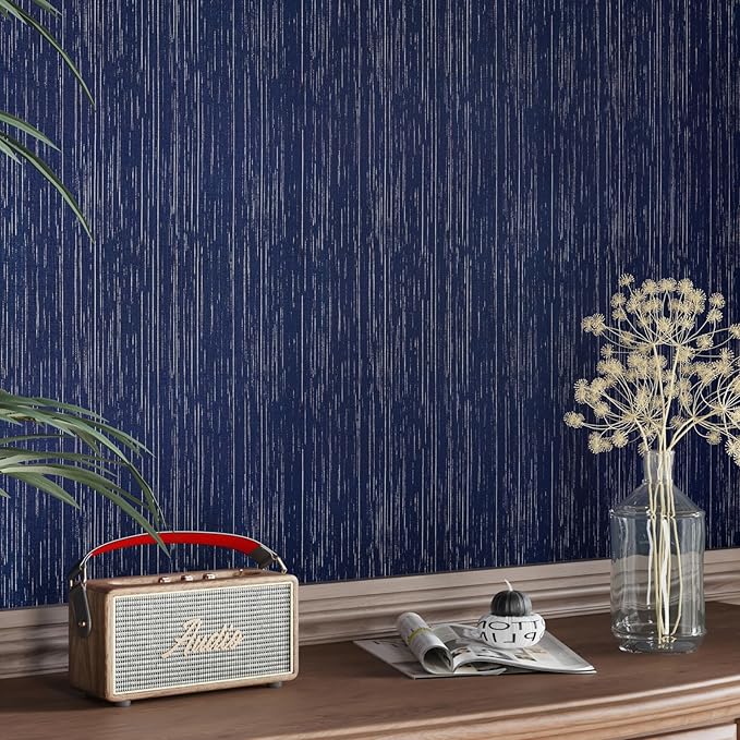 CRE8TIVE Dark Blue Grasscloth Peel and Stick Wallpaper Textured Blue Contact - Image 6