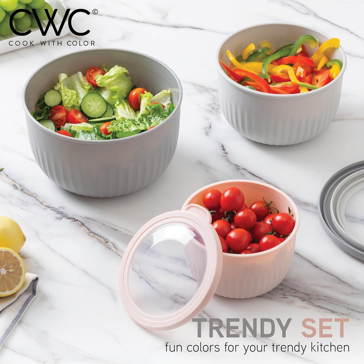 COOK WITH COLOR Prep Bowls with Lids- Wide and Deep Nesting Plastic Small Mixing Bowl Set with Lids, 8 Piece Set - Deep Bowls, Grey/Pink