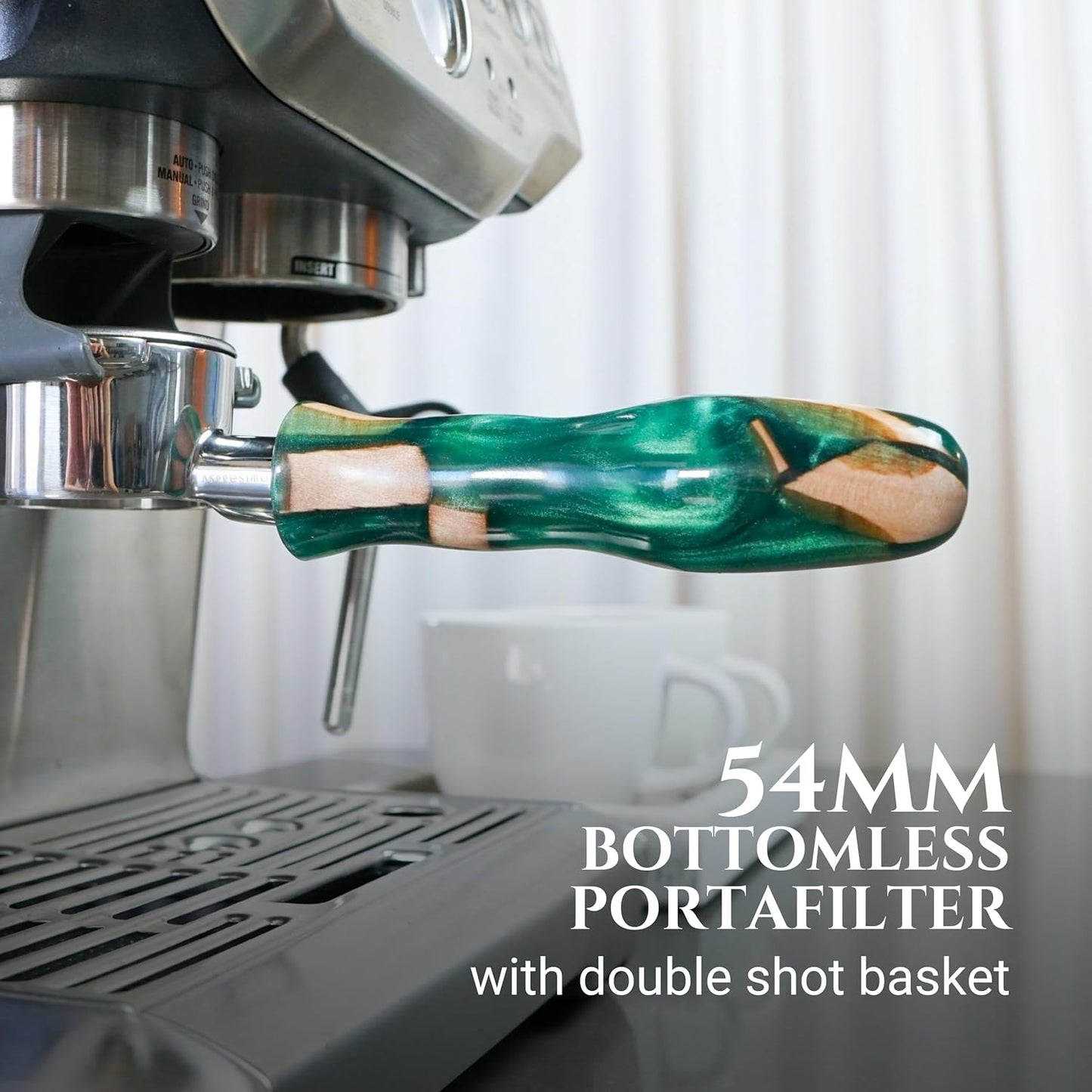 54mm Bottomless Portafilter Modern Handle – Includes Stainless Steel Naked Basket – Fits Breville Barista Express & 54mm Breville Espresso Machines - Espresso Machine Accessories – Green