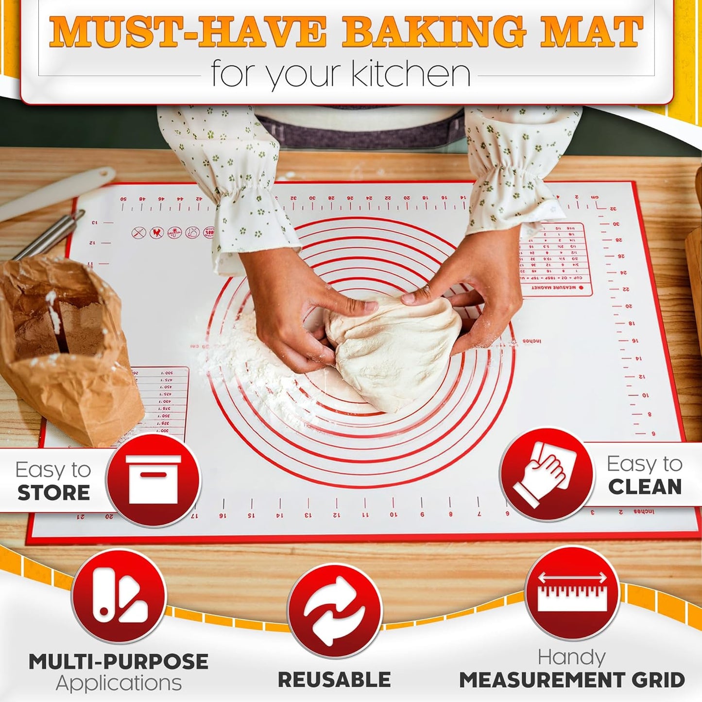 15.7x23.4 Pizza Mats for Rolling Dough - Stain-Proof Large Silicone Baking Mat with Measurements, Non-Stick Baking Rolling Mat - Heat Resistant Kneading Dough Sheet for Bread, Pizza, Pasta & Pie