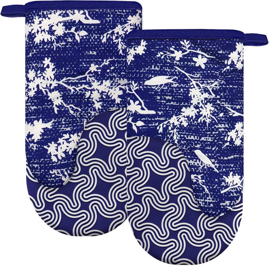 Thumb Oven Mitts, Heat and Slip Resistant Silicone Kitchen Mittens 2-Pack Set, Birds Flower Soft Long Oven Gloves, Flexible Thick Potholders for Safe Baking Cooking and Grilling (Navy)